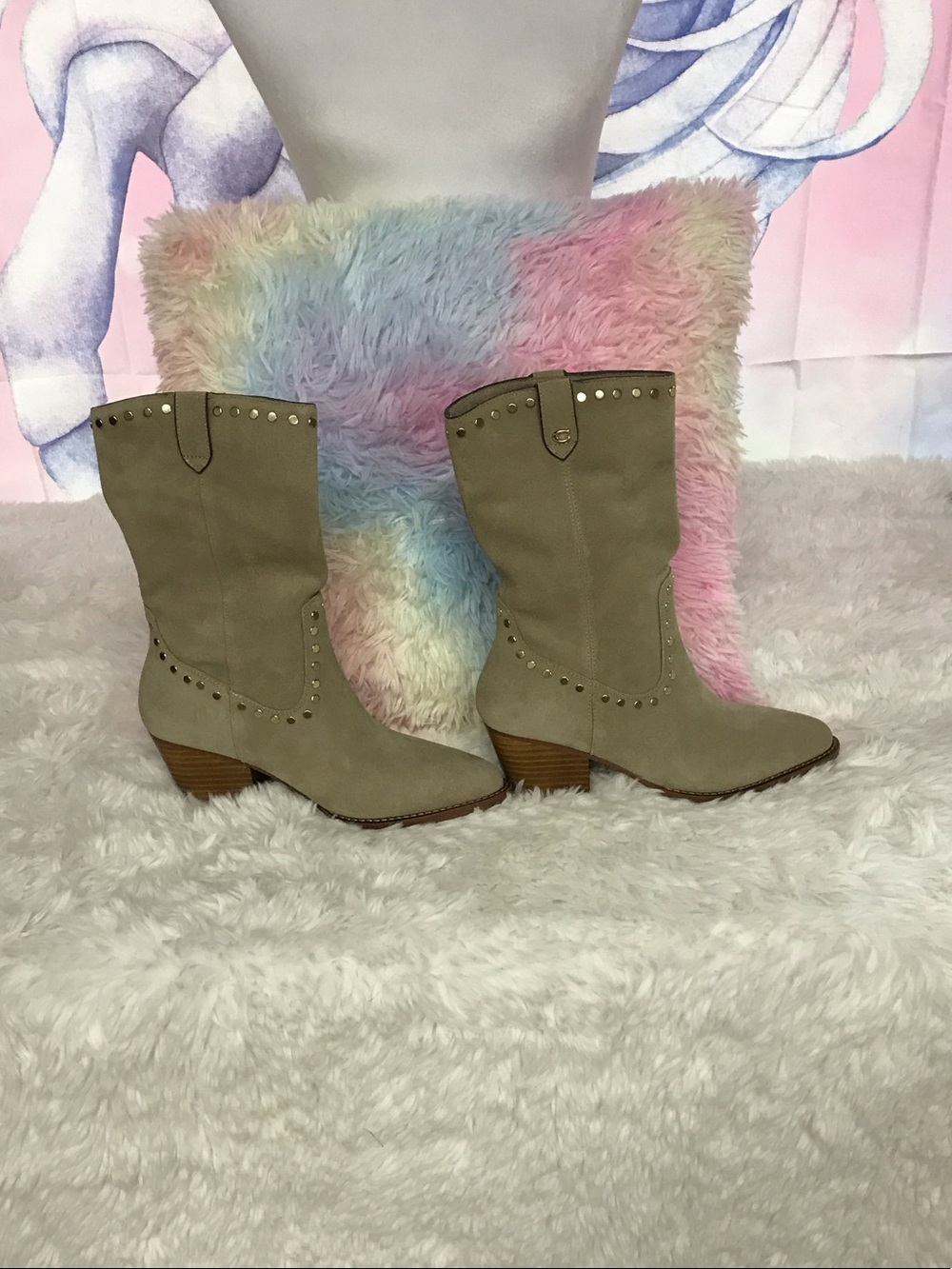 Women's Taupe Western Mid-Calf Boots with Stud Detail
